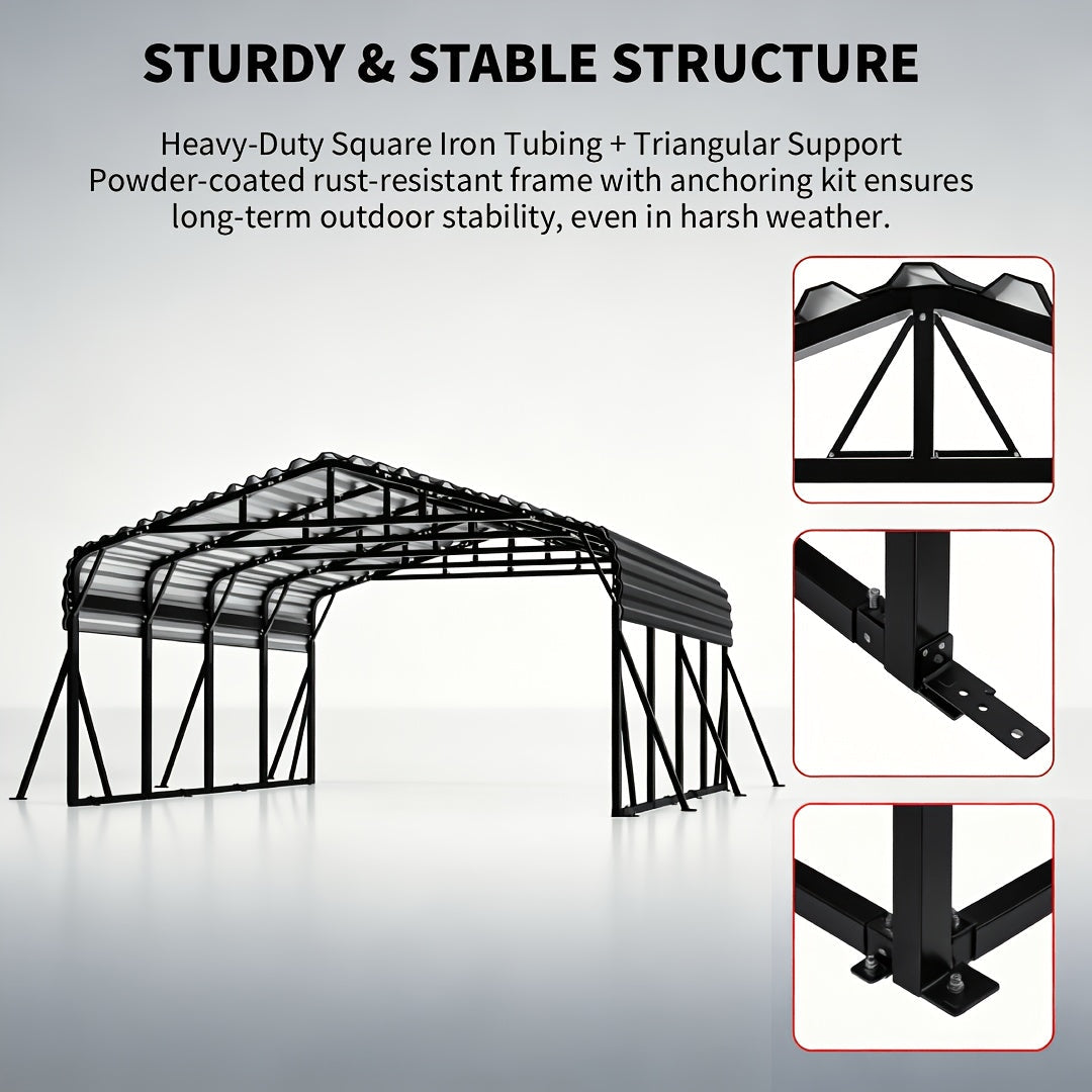 20X20 FT Oversized Galvanized Metal Carport, Heavy Duty Outdoor Car Garage Shelter with Enhanced Base, Waterproof Shade Canopy for Cars, Boats and Tractors, Gray