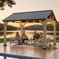 12x10FT Wood Hardtop Gazebo, Permanent Wooden Outdoor Pavilion with Gable‑Style Galvanized Steel Roof for Patio, Garden & Backyard