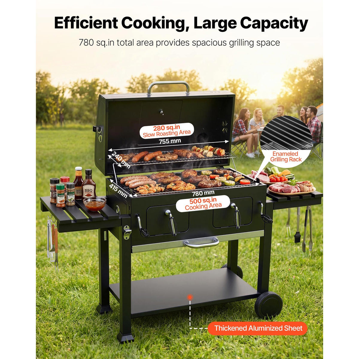 780 sq.in Extra‑Large Charcoal Barbecue Grill, High‑Temp Powder‑Coated Steel BBQ Grill with 2 Liftable Charcoal Trays & Folding Side Tables for Patio & Backyard Parties