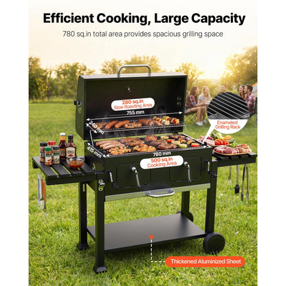 780 sq.in Extra‑Large Charcoal Barbecue Grill, High‑Temp Powder‑Coated Steel BBQ Grill with 2 Liftable Charcoal Trays & Folding Side Tables for Patio & Backyard Parties