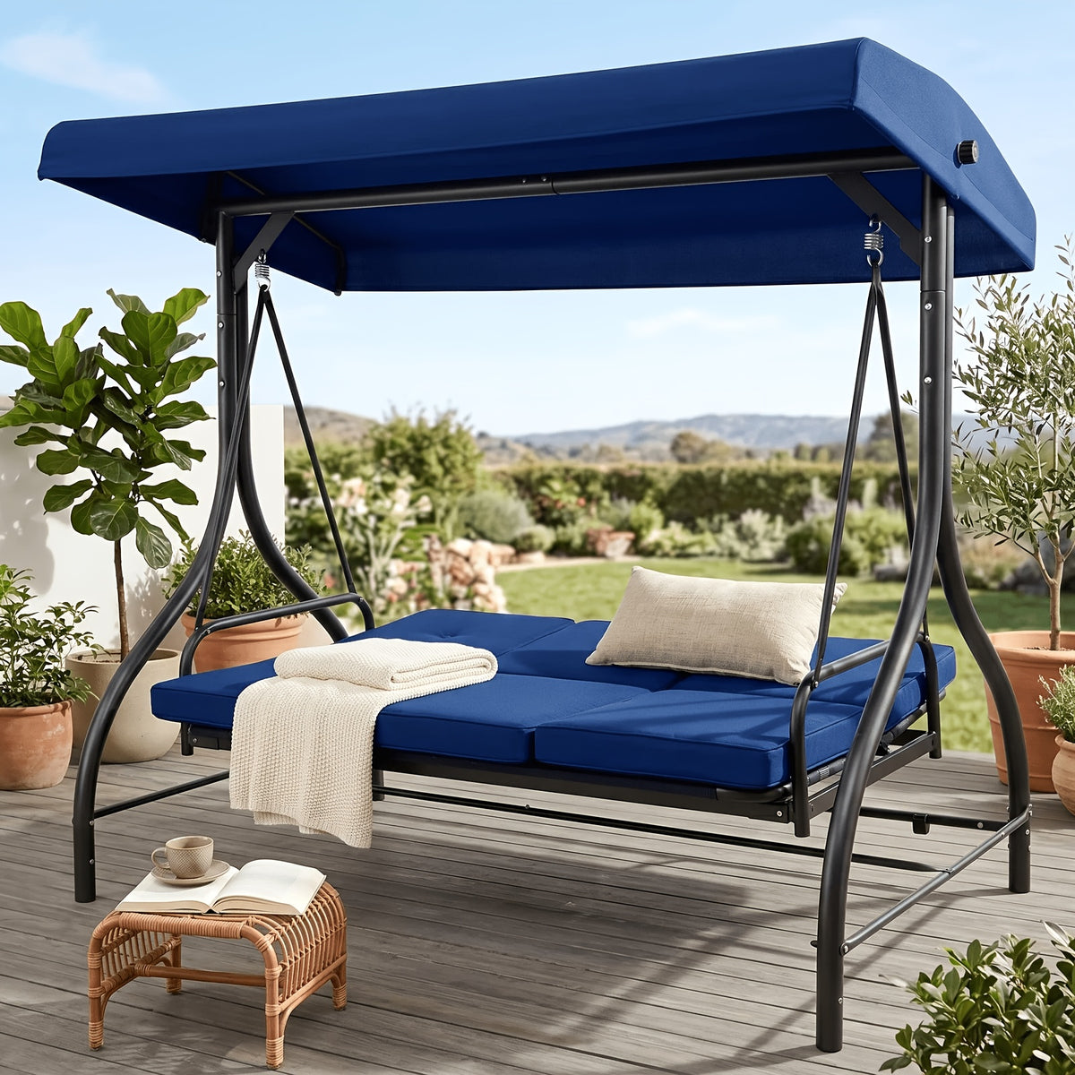 3 Person Patio Porch Swing Outdoor Converting Swing Glider Hammock with Adjustable Canopy, Cushions for Outside Backyard, Garden