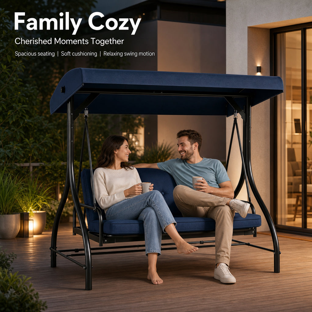 3 seat porch swing, outdoor patio swing, swing chair with canopy, heavy duty steel swing, tufted cushion swing, backyard garden furniture