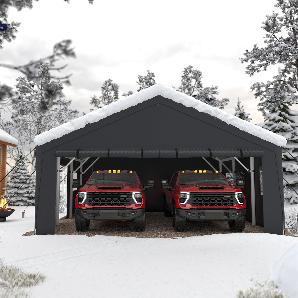 20'x20' Heavy‑Duty Portable Carport Garage, Grey Car Shelter with Removable Side Walls & Doors, Roll‑Up Window and Sandbags for Cars, Trucks & Boats