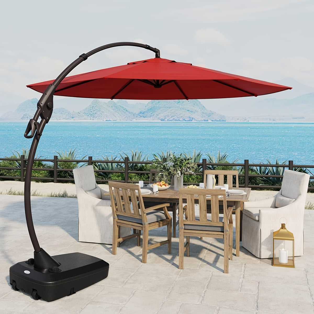 11ft Offset Cantilever Umbrella with Base, Large Round Aluminum Outdoor Hanging Patio Umbrella, Champagne Shade for Patio, Garden & Backyard