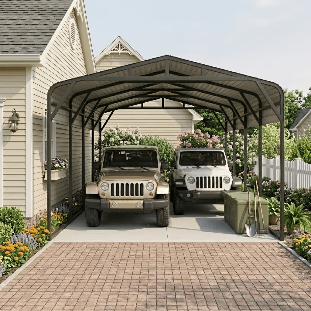 20X20 FT Oversized Galvanized Metal Carport, Heavy Duty Outdoor Car Garage Shelter with Enhanced Base, Waterproof Shade Canopy for Cars, Boats and Tractors, Gray