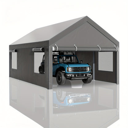 Sturdy Portable Carport Garage Gazebo, All‑Season Tarp Car Canopy with Roll‑Up Ventilated Windows, Detachable Sidewalls & Doors for Cars, Trucks and Boats