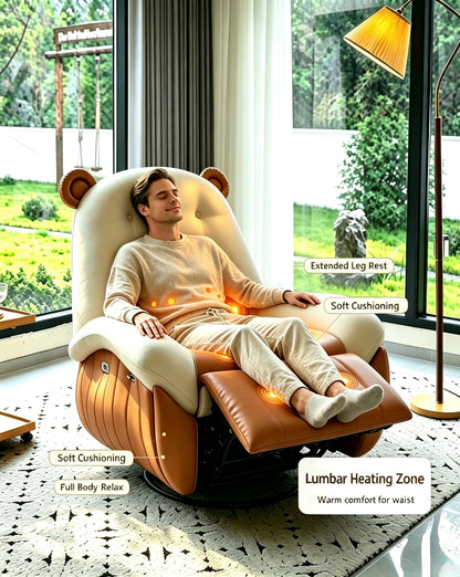 Bear Ear 8‑Point Massage Recliner Chair, Lumbar Heating Swivel Lounge Sofa with Retractable Footrest, Ergonomic Relaxing Recliner for Home Living Room