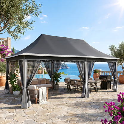 12'x20' Pop‑Up Canopy Tent Gazebo, 210D PU Silver‑Coated Sunshade with 6 Zippered Mesh Mosquito Nets, Sandbags & Storage Bag, 3‑Level Adjustable Height for Patio, Courtyard, Parties & Picnics