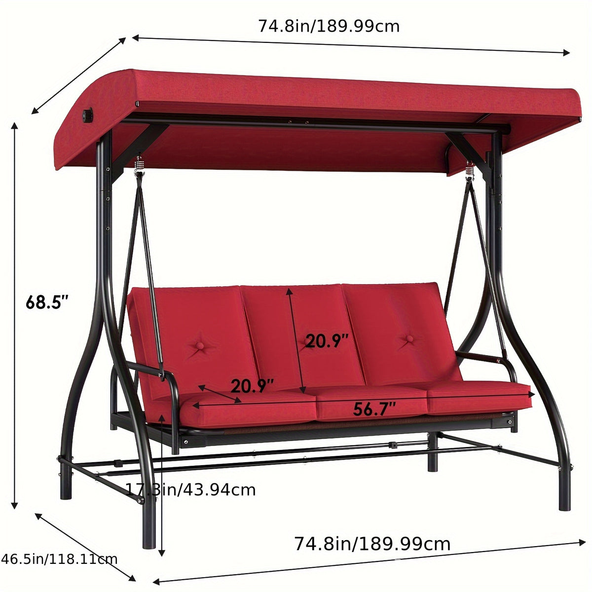 3 Person Patio Porch Swing Outdoor Converting Swing Glider Hammock with Adjustable Canopy, Cushions for Outside Backyard, Garden