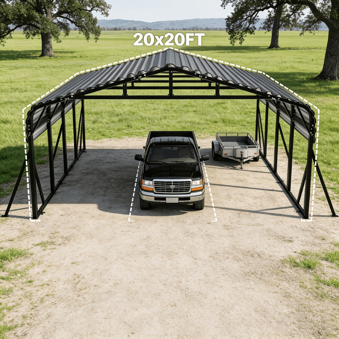 20X20 FT Oversized Galvanized Metal Carport, Heavy Duty Outdoor Car Garage Shelter with Enhanced Base, Waterproof Shade Canopy for Cars, Boats and Tractors, Gray
