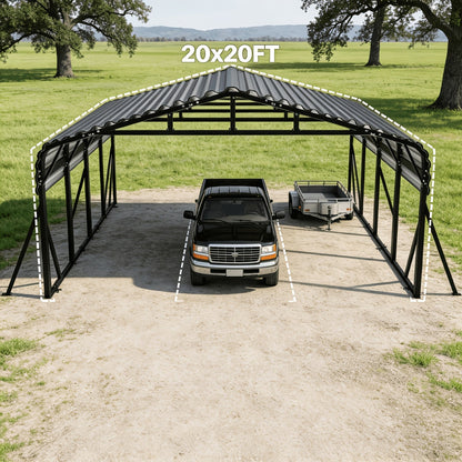 20X20 FT Oversized Galvanized Metal Carport, Heavy Duty Outdoor Car Garage Shelter with Enhanced Base, Waterproof Shade Canopy for Cars, Boats and Tractors, Gray