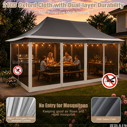12'x20' Pop‑Up Canopy Tent Gazebo, 210D PU Silver‑Coated Sunshade with 6 Zippered Mesh Mosquito Nets, Sandbags & Storage Bag, 3‑Level Adjustable Height for Patio, Courtyard, Parties & Picnics