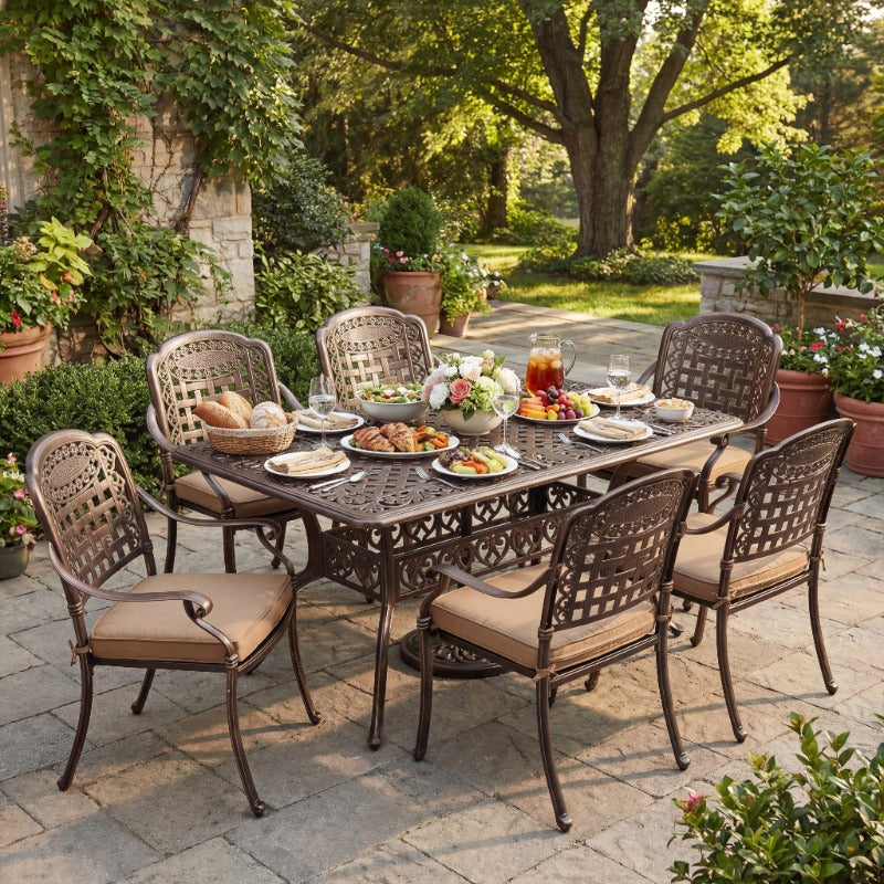 7‑Piece Cast Aluminum Outdoor Patio Dining Set, Ornate Scrollwork Weather‑Resistant Rust‑Proof Patio Furniture, Square Table with 6 Cushioned Chairs for Garden, Backyard & Poolside