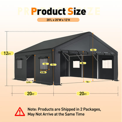 20'x20' Heavy‑Duty Portable Carport Garage, Grey Car Shelter with Removable Side Walls & Doors, Roll‑Up Window and Sandbags for Cars, Trucks & Boats