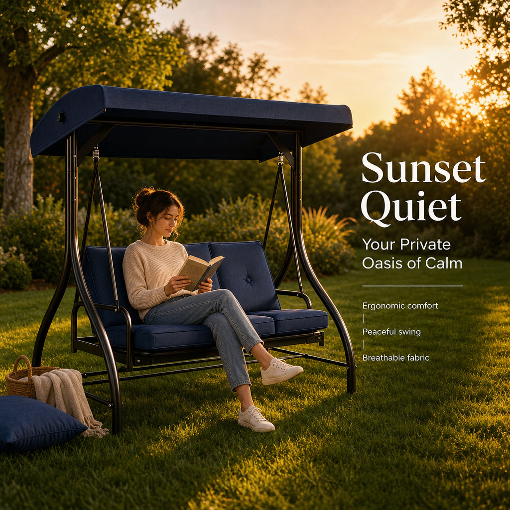 3 seat porch swing, outdoor patio swing, swing chair with canopy, heavy duty steel swing, tufted cushion swing, backyard garden furniture