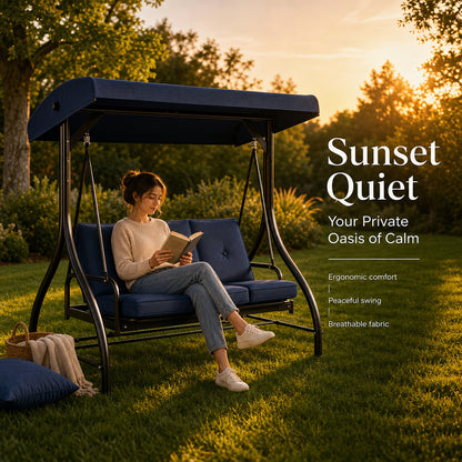 3 seat porch swing, outdoor patio swing, swing chair with canopy, heavy duty steel swing, tufted cushion swing, backyard garden furniture