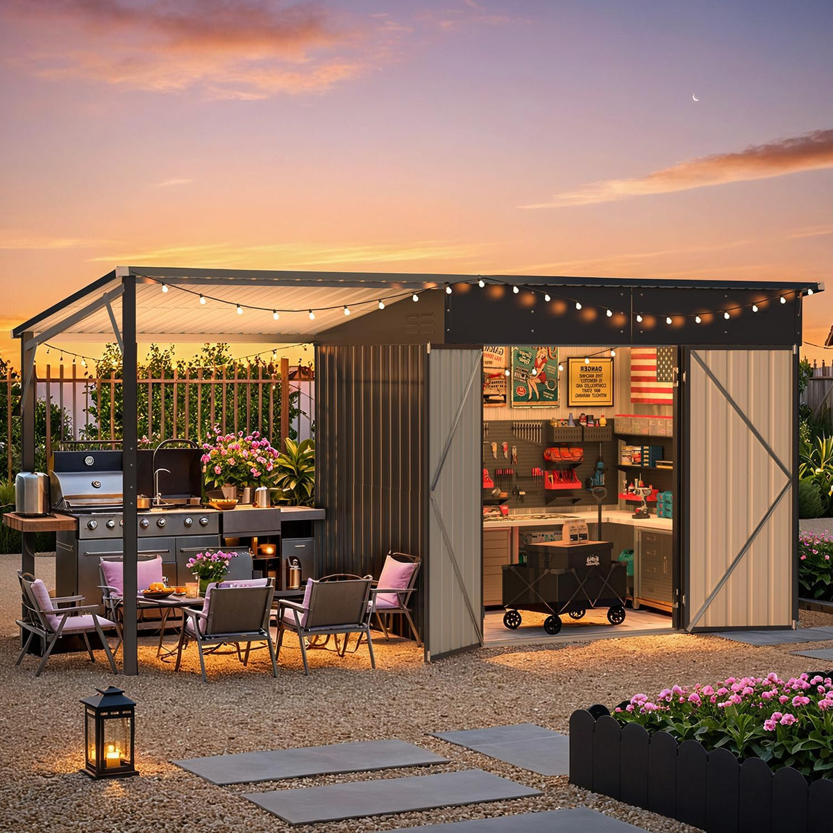 8'x6' Open‑Sided Metal Storage Shed, 48 Sq.Ft 2‑in‑1 Tool Shed & Hardtop Metal Pergola Gazebo, Multi‑Purpose Outdoor Shelter for Patio, Backyard & Garden