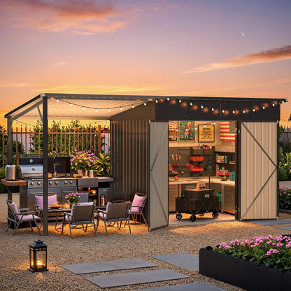 8'x6' Open‑Sided Metal Storage Shed, 48 Sq.Ft 2‑in‑1 Tool Shed & Hardtop Metal Pergola Gazebo, Multi‑Purpose Outdoor Shelter for Patio, Backyard & Garden