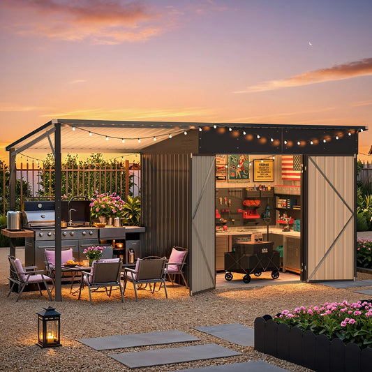 8'x6' Open‑Sided Metal Storage Shed, 48 Sq.Ft 2‑in‑1 Tool Shed & Hardtop Metal Pergola Gazebo, Multi‑Purpose Outdoor Shelter for Patio, Backyard & Garden