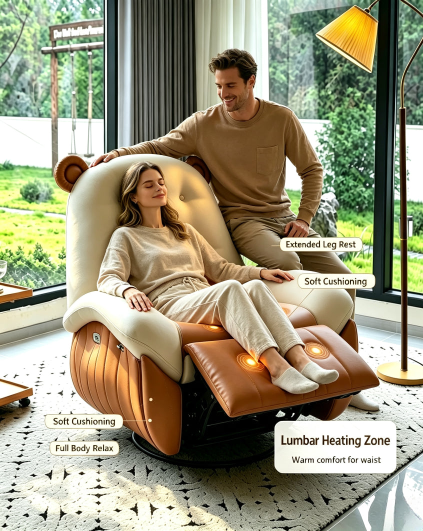 Bear Ear 8‑Point Massage Recliner Chair, Lumbar Heating Swivel Lounge Sofa with Retractable Footrest, Ergonomic Relaxing Recliner for Home Living Room