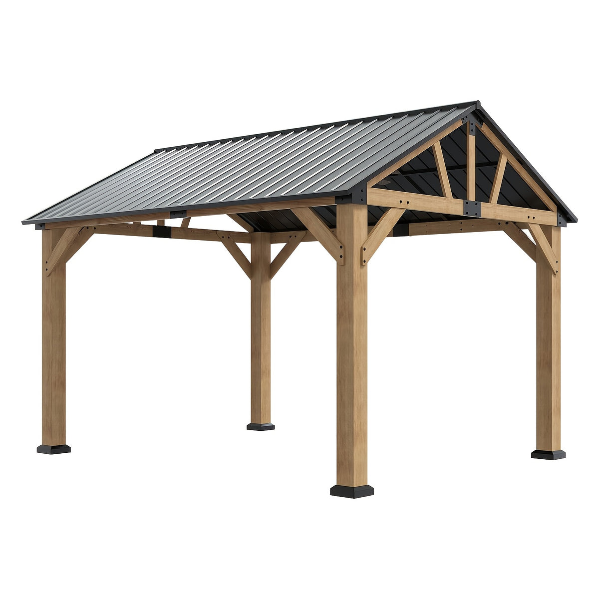 12x10FT Wood Hardtop Gazebo, Permanent Wooden Outdoor Pavilion with Gable‑Style Galvanized Steel Roof for Patio, Garden & Backyard
