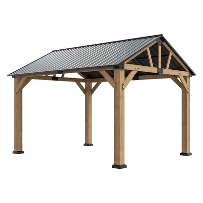 12x10FT Wood Hardtop Gazebo, Permanent Wooden Outdoor Pavilion with Gable‑Style Galvanized Steel Roof for Patio, Garden & Backyard