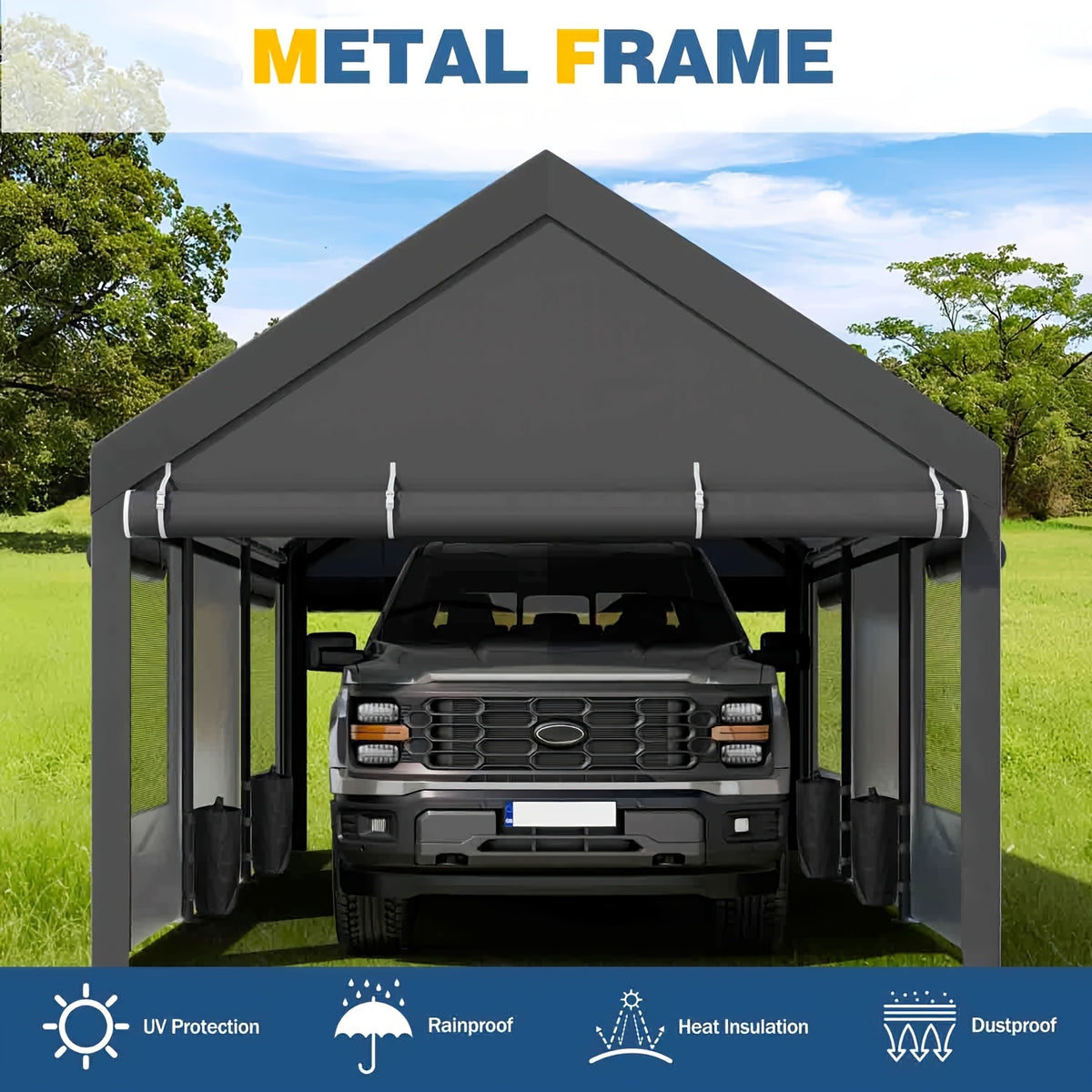 Sturdy Portable Carport Garage Gazebo, All‑Season Tarp Car Canopy with Roll‑Up Ventilated Windows, Detachable Sidewalls & Doors for Cars, Trucks and Boats