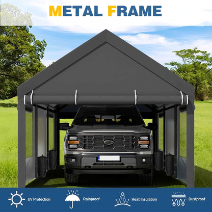 Sturdy Portable Carport Garage Gazebo, All‑Season Tarp Car Canopy with Roll‑Up Ventilated Windows, Detachable Sidewalls & Doors for Cars, Trucks and Boats