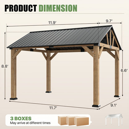 12x10FT Wood Hardtop Gazebo, Permanent Wooden Outdoor Pavilion with Gable‑Style Galvanized Steel Roof for Patio, Garden & Backyard