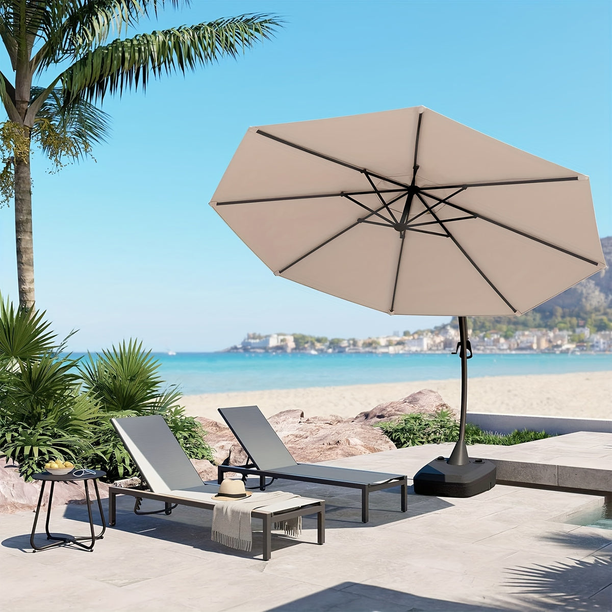 11ft Offset Cantilever Umbrella with Base, Large Round Aluminum Outdoor Hanging Patio Umbrella, Champagne Shade for Patio, Garden & Backyard