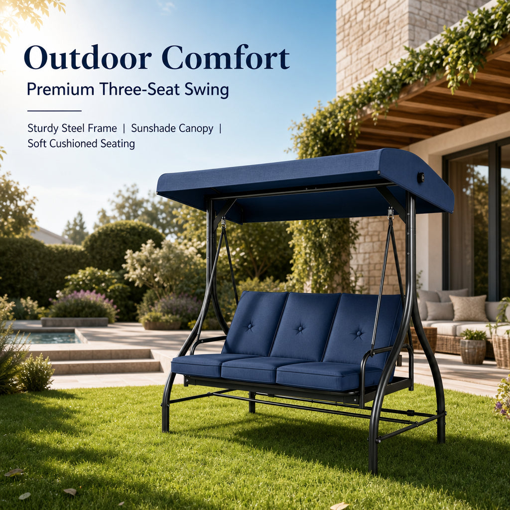 3 seat porch swing, outdoor patio swing, swing chair with canopy, heavy duty steel swing, tufted cushion swing, backyard garden furniture