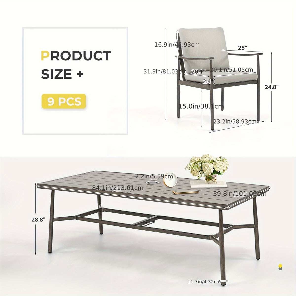 9‑Piece Aluminum Outdoor Dining Set, Square Table with Umbrella Hole & 8 Cushioned Chairs, Weather‑Resistant Patio Furniture for Garden, Porch & Backyard