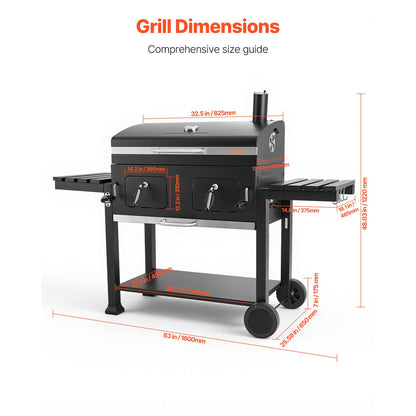 780 sq.in Extra‑Large Charcoal Barbecue Grill, High‑Temp Powder‑Coated Steel BBQ Grill with 2 Liftable Charcoal Trays & Folding Side Tables for Patio & Backyard Parties