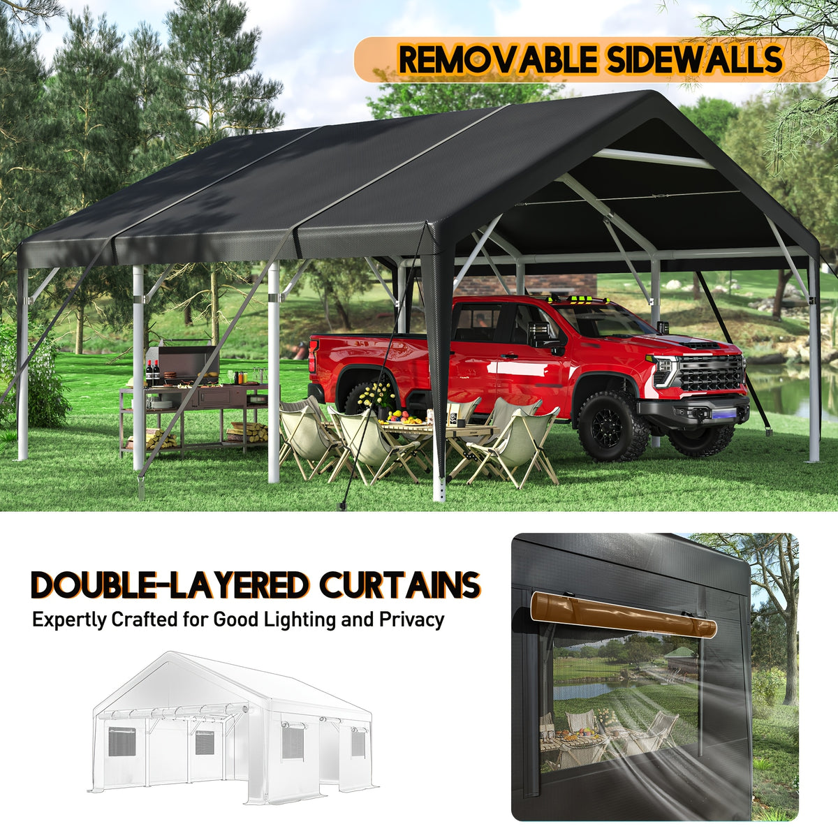20'x20' Heavy‑Duty Portable Carport Garage, Grey Car Shelter with Removable Side Walls & Doors, Roll‑Up Window and Sandbags for Cars, Trucks & Boats
