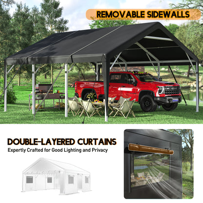 20'x20' Heavy‑Duty Portable Carport Garage, Grey Car Shelter with Removable Side Walls & Doors, Roll‑Up Window and Sandbags for Cars, Trucks & Boats