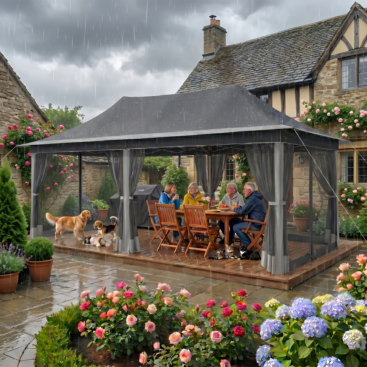 12'x20' Pop‑Up Canopy Tent Gazebo, 210D PU Silver‑Coated Sunshade with 6 Zippered Mesh Mosquito Nets, Sandbags & Storage Bag, 3‑Level Adjustable Height for Patio, Courtyard, Parties & Picnics