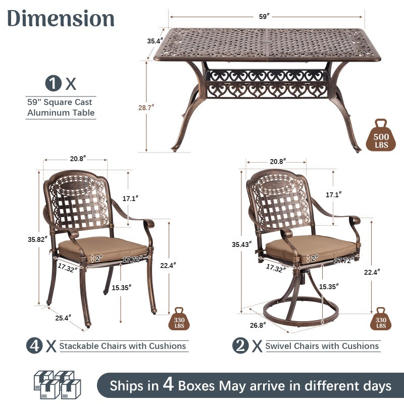 7‑Piece Cast Aluminum Outdoor Patio Dining Set, Ornate Scrollwork Weather‑Resistant Rust‑Proof Patio Furniture, Square Table with 6 Cushioned Chairs for Garden, Backyard & Poolside