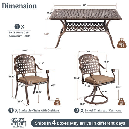 7‑Piece Cast Aluminum Outdoor Patio Dining Set, Ornate Scrollwork Weather‑Resistant Rust‑Proof Patio Furniture, Square Table with 6 Cushioned Chairs for Garden, Backyard & Poolside