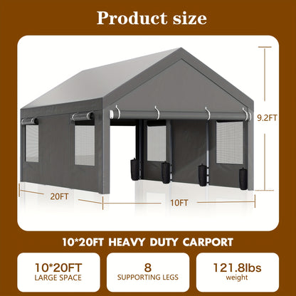 Sturdy Portable Carport Garage Gazebo, All‑Season Tarp Car Canopy with Roll‑Up Ventilated Windows, Detachable Sidewalls & Doors for Cars, Trucks and Boats