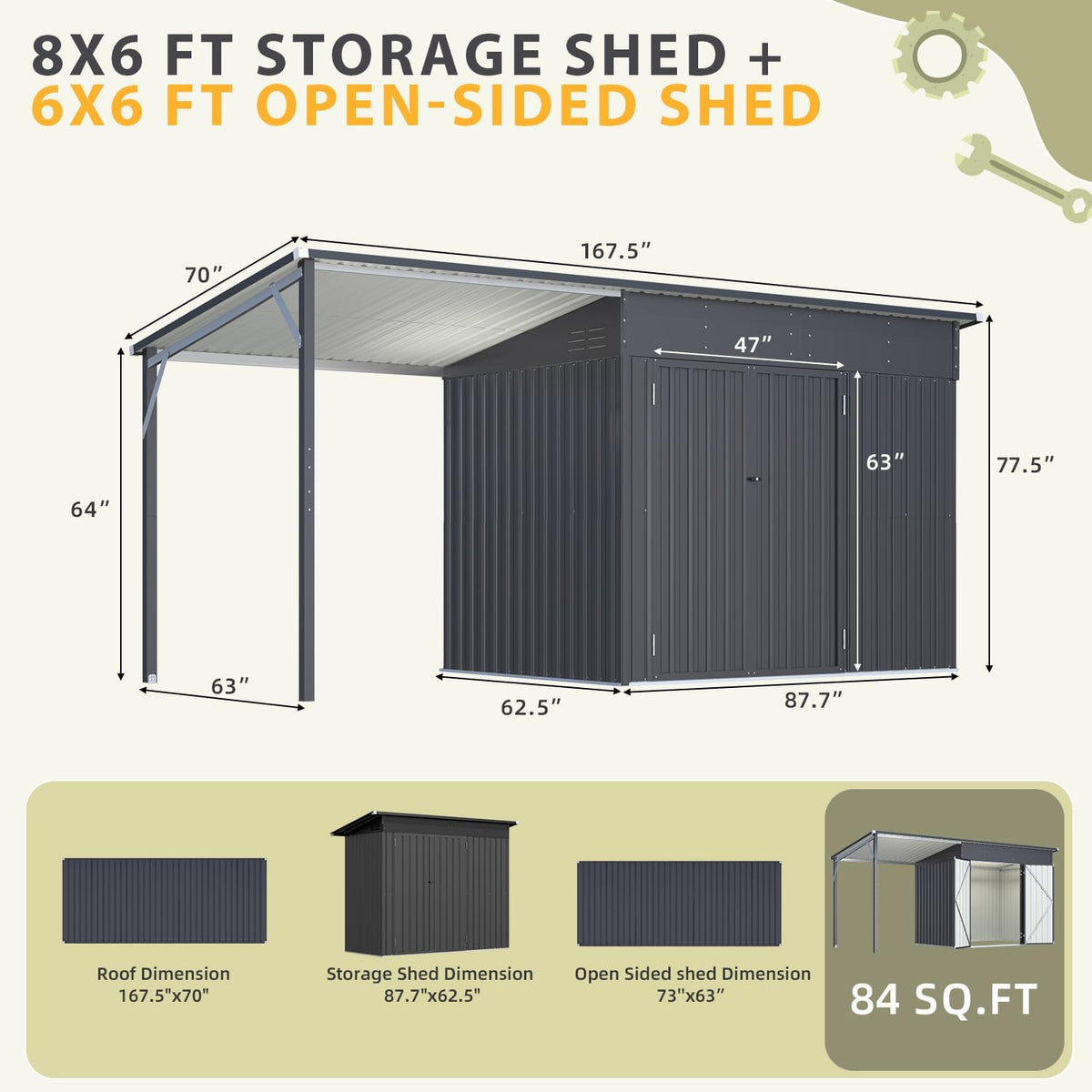 8'x6' Open‑Sided Metal Storage Shed, 48 Sq.Ft 2‑in‑1 Tool Shed & Hardtop Metal Pergola Gazebo, Multi‑Purpose Outdoor Shelter for Patio, Backyard & Garden