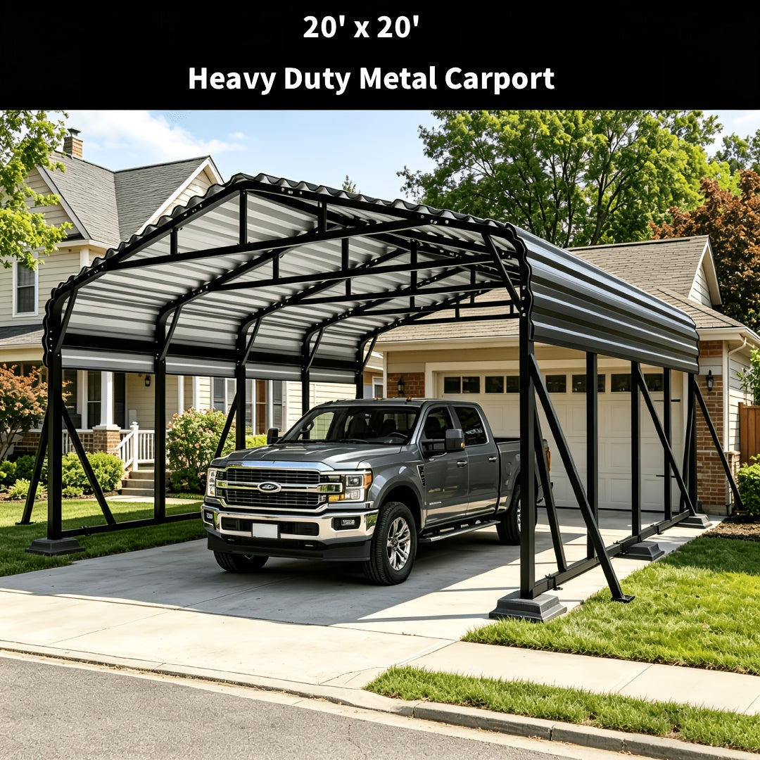 20X20 FT Oversized Galvanized Metal Carport, Heavy Duty Outdoor Car Garage Shelter with Enhanced Base, Waterproof Shade Canopy for Cars, Boats and Tractors, Gray