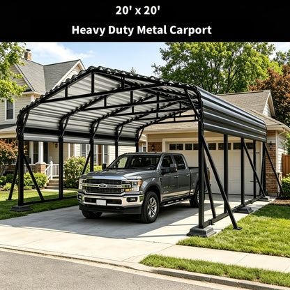 20X20 FT Oversized Galvanized Metal Carport, Heavy Duty Outdoor Car Garage Shelter with Enhanced Base, Waterproof Shade Canopy for Cars, Boats and Tractors, Gray