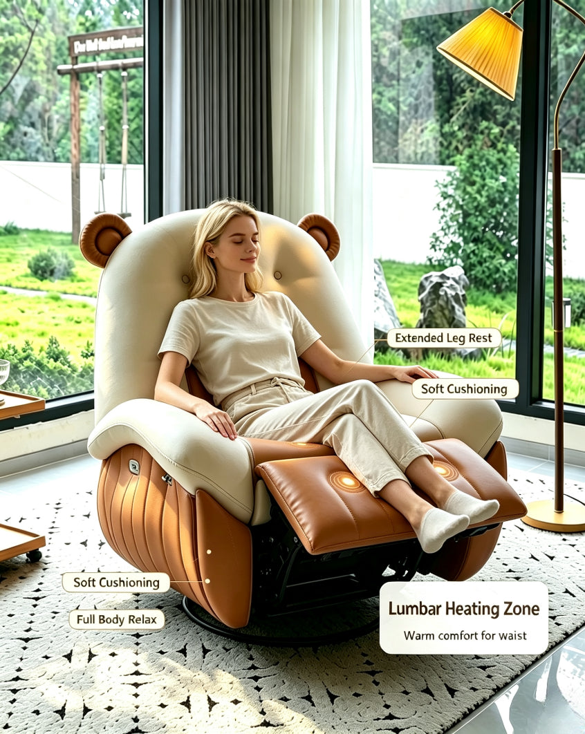 Bear Ear 8‑Point Massage Recliner Chair, Lumbar Heating Swivel Lounge Sofa with Retractable Footrest, Ergonomic Relaxing Recliner for Home Living Room