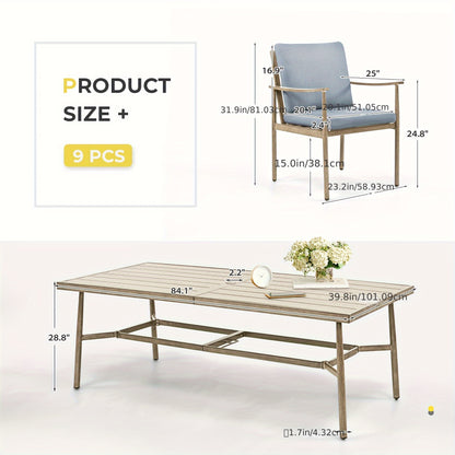 9‑Piece Aluminum Outdoor Dining Set, Square Table with Umbrella Hole & 8 Cushioned Chairs, Weather‑Resistant Patio Furniture for Garden, Porch & Backyard