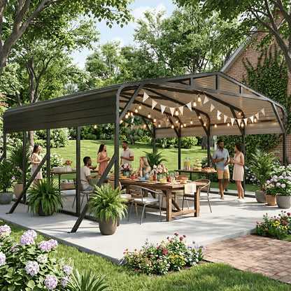 20X20 FT Oversized Galvanized Metal Carport, Heavy Duty Outdoor Car Garage Shelter with Enhanced Base, Waterproof Shade Canopy for Cars, Boats and Tractors, Gray