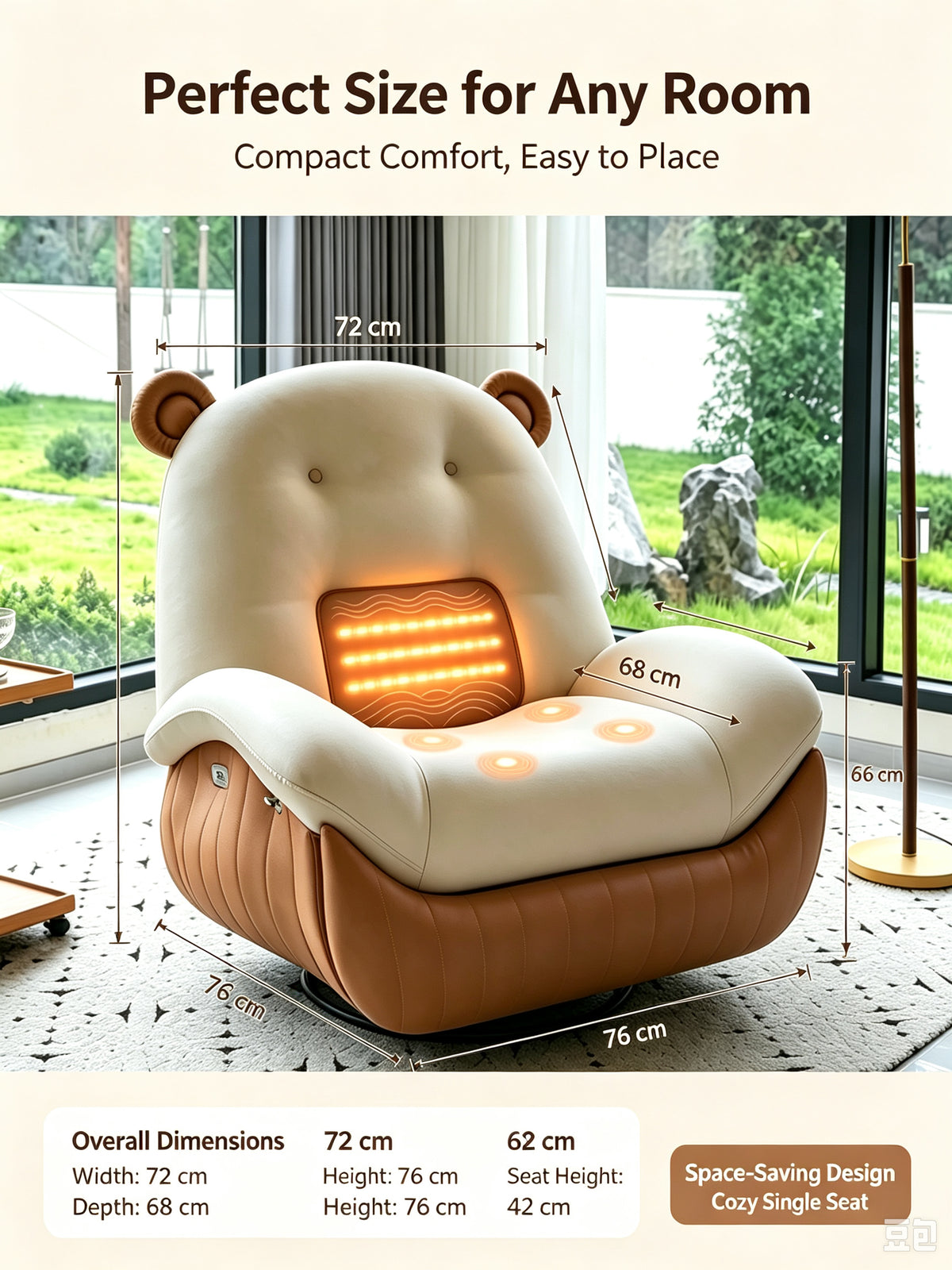 Bear Ear 8‑Point Massage Recliner Chair, Lumbar Heating Swivel Lounge Sofa with Retractable Footrest, Ergonomic Relaxing Recliner for Home Living Room
