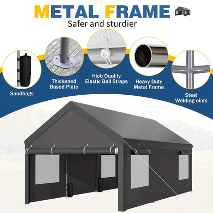 Sturdy Portable Carport Garage Gazebo, All‑Season Tarp Car Canopy with Roll‑Up Ventilated Windows, Detachable Sidewalls & Doors for Cars, Trucks and Boats