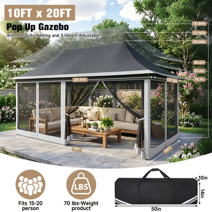 12'x20' Pop‑Up Canopy Tent Gazebo, 210D PU Silver‑Coated Sunshade with 6 Zippered Mesh Mosquito Nets, Sandbags & Storage Bag, 3‑Level Adjustable Height for Patio, Courtyard, Parties & Picnics