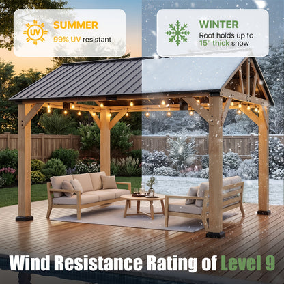 12x10FT Wood Hardtop Gazebo, Permanent Wooden Outdoor Pavilion with Gable‑Style Galvanized Steel Roof for Patio, Garden & Backyard