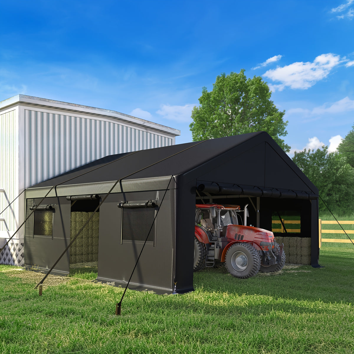 20'x20' Heavy‑Duty Portable Carport Garage, Grey Car Shelter with Removable Side Walls & Doors, Roll‑Up Window and Sandbags for Cars, Trucks & Boats